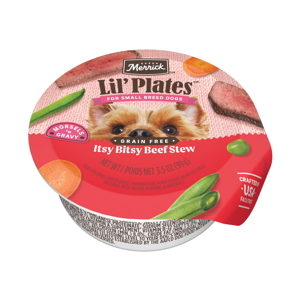 Merrick Lil’ Plates boeuf reel premier ingrédient pour petits chiens actifs.