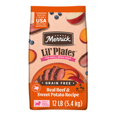 Merrick Lil’ Plates croquettes petites pour chiens, boeuf texas et patate douce, énergie durable.