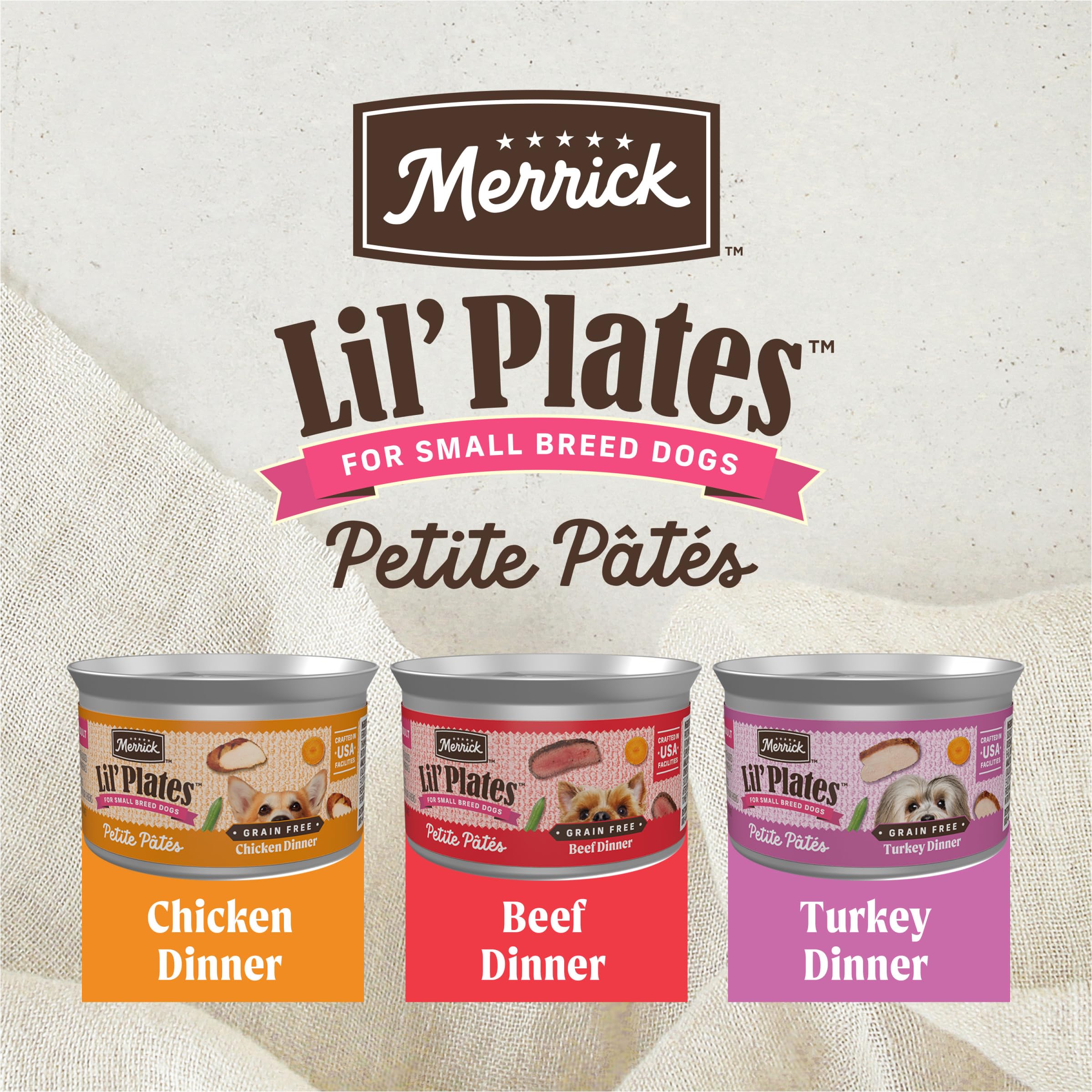 Merrick Lil’ Plates dinde premier ingrédient, expérience naturelle et nourrissante.