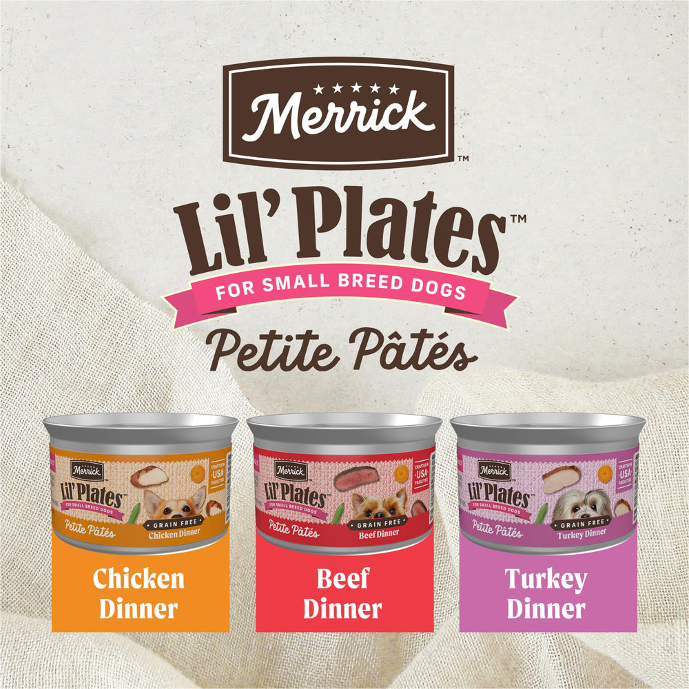 Merrick Lil’ Plates dinde premier ingrédient, expérience naturelle et nourrissante.