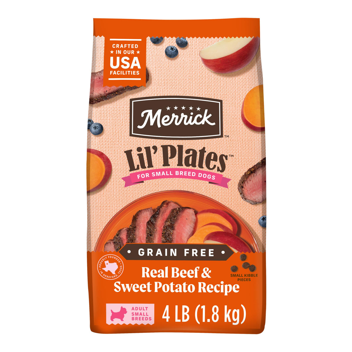 Merrick Lil’ Plates, croquettes petites au bœuf pour petits chiens, soutien énergie.