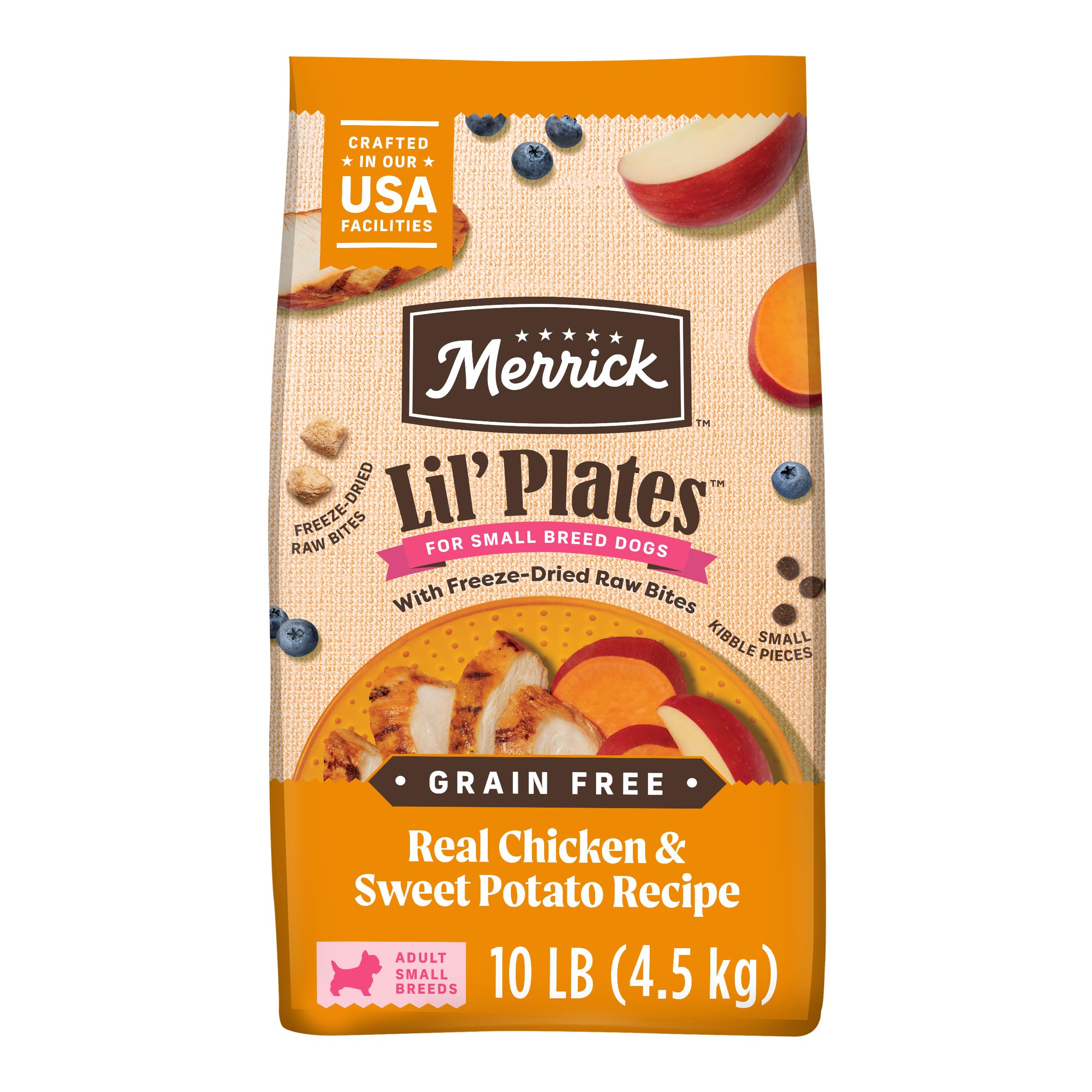 Merrick Lil’ Plates: poulet réel et patate douce pour petites races, énergie naturelle.