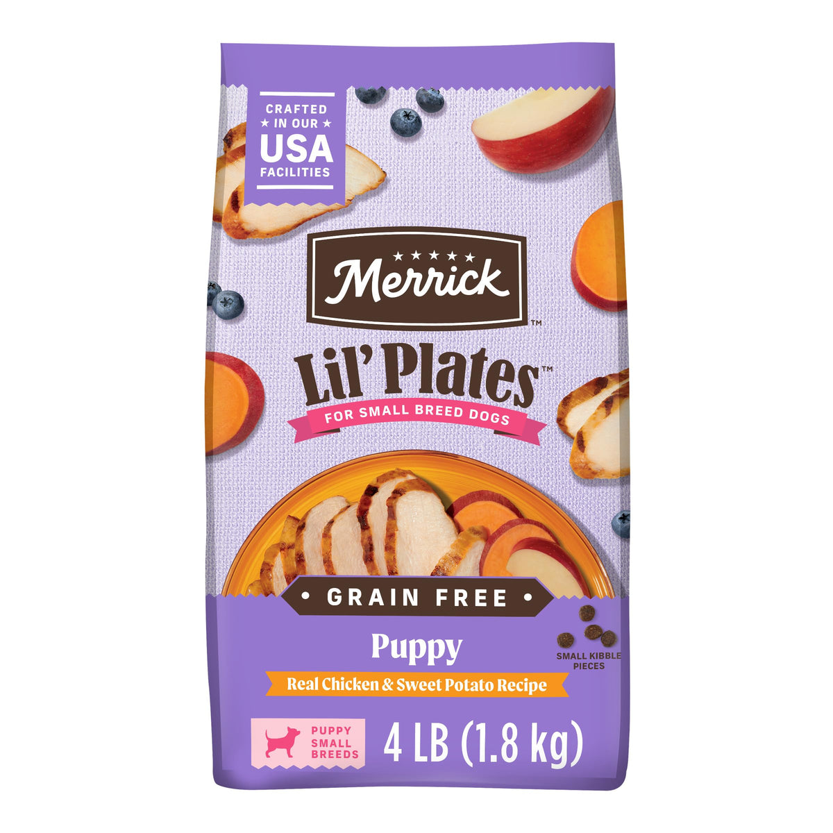 Merrick Lil’ Plates croquettes poulet réel et patate douce pour chiots, soutien muscles et énergie.