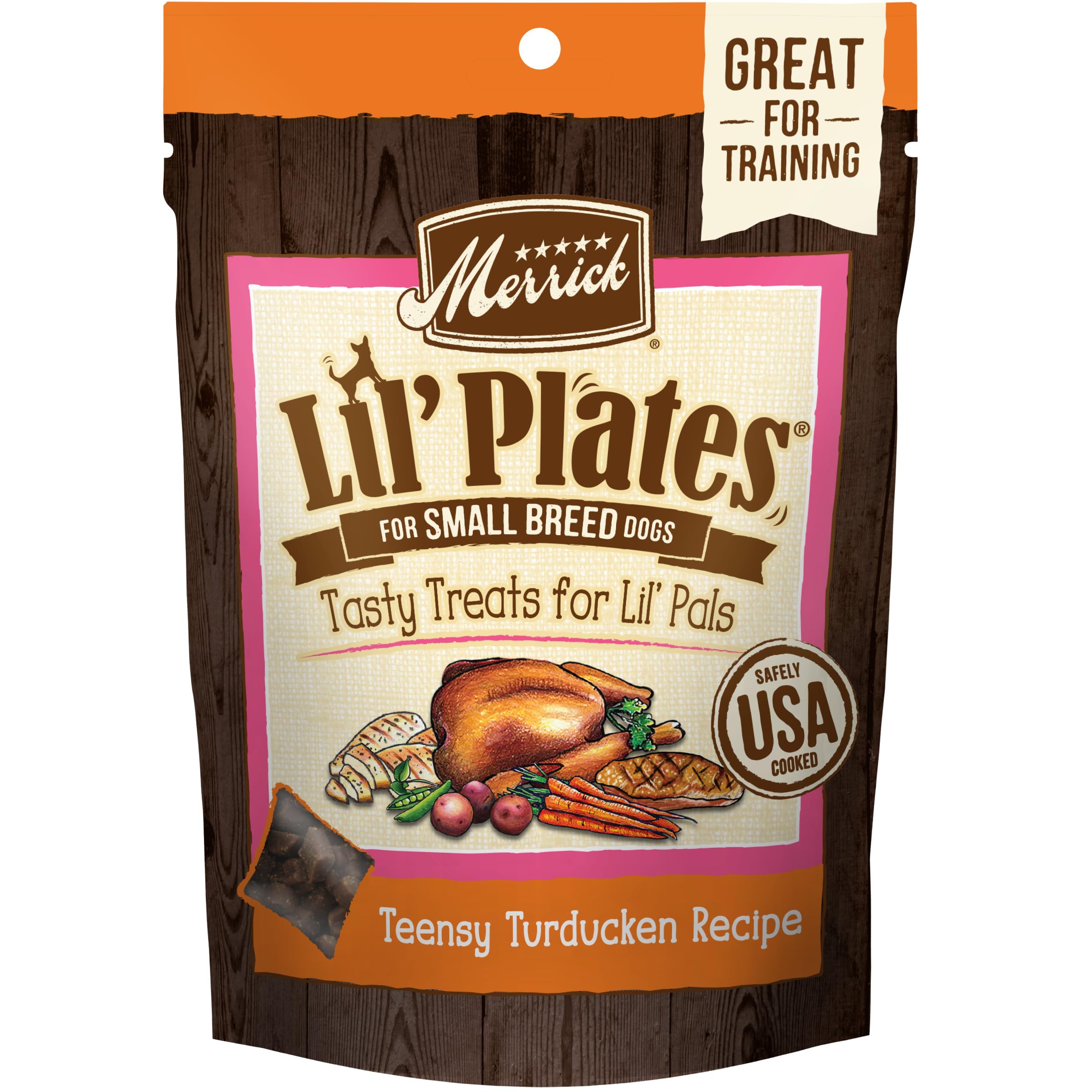 Merrick Lil’ Plates Teensy Turducken, sachet ouvert avec petites bouchées idéales pour l'entraînement.