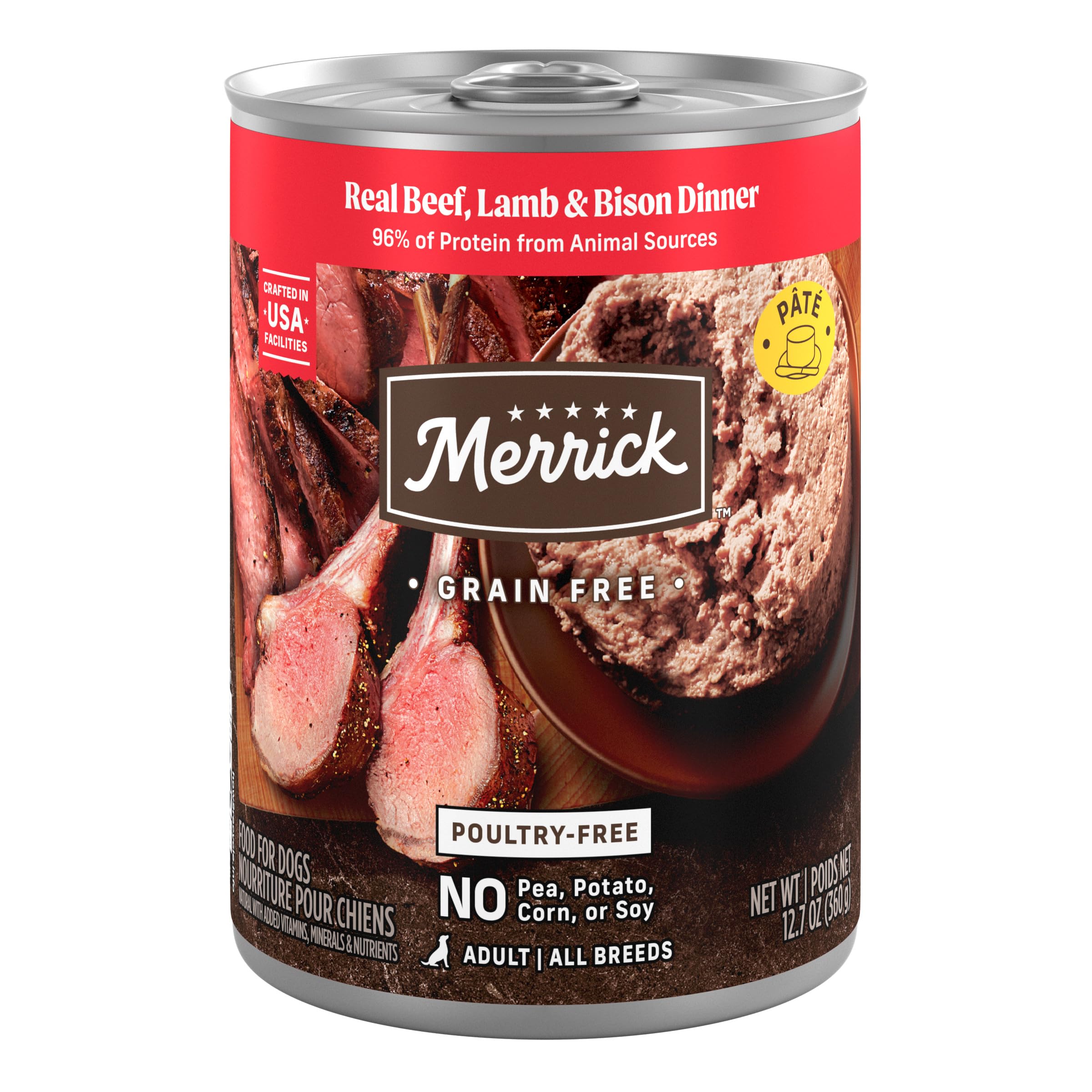 Merrick pâté boeuf agneau bison, repas riche en protéines pour chiens adultes