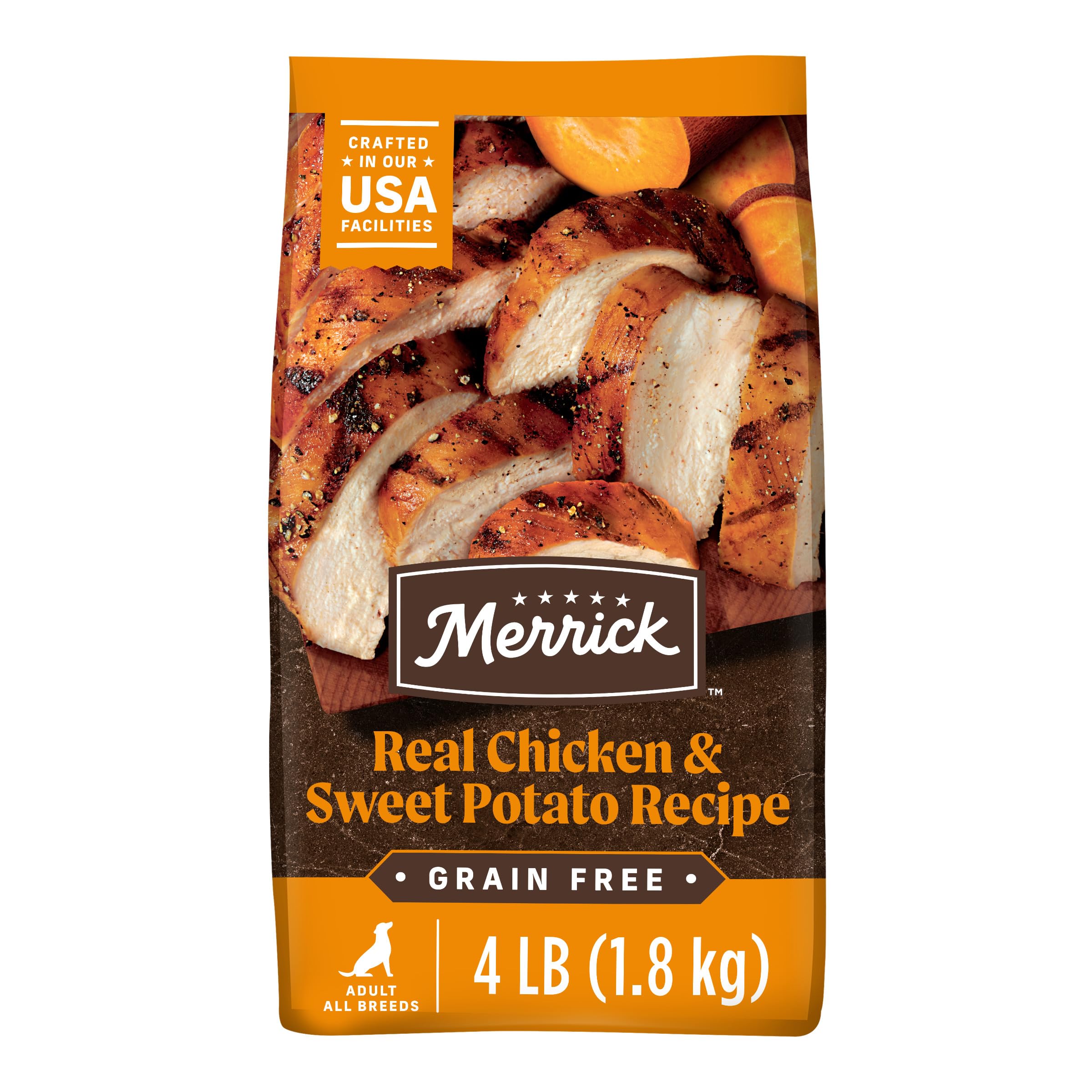 Merrick Premium Sans Céréales – croquettes poulet réel et patate douce pour chien adulte.