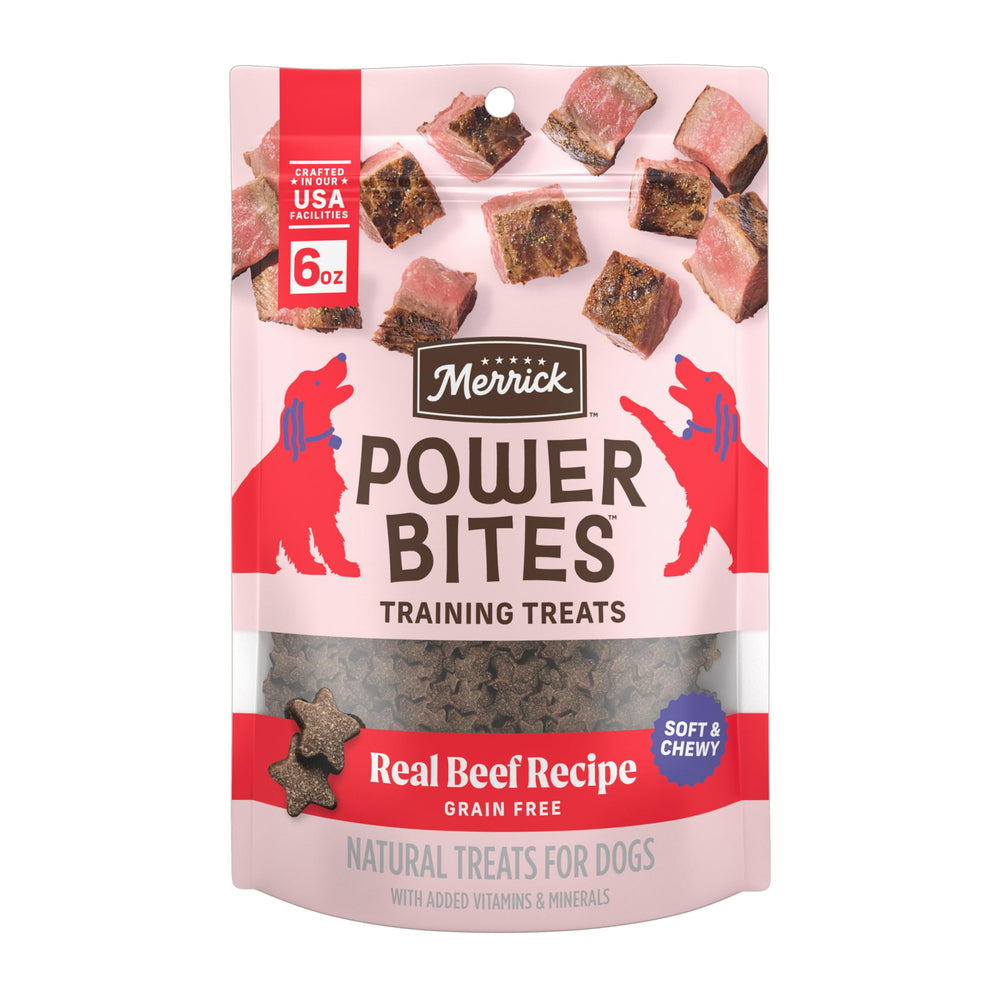 Merrick Power Bites boeuf reel premier ingredient, texture douce et agreable.