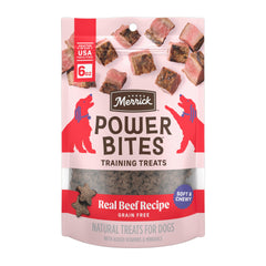 Merrick Power Bites boeuf reel premier ingredient, texture douce et agreable.