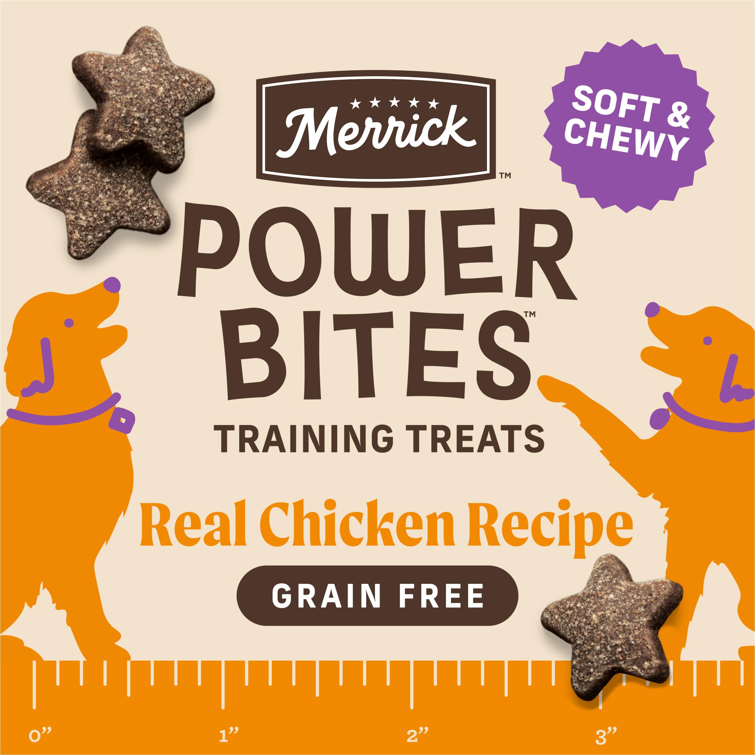 Merrick Power Bites avec poulet réel comme ingrédient principal pour récompenser le chien.