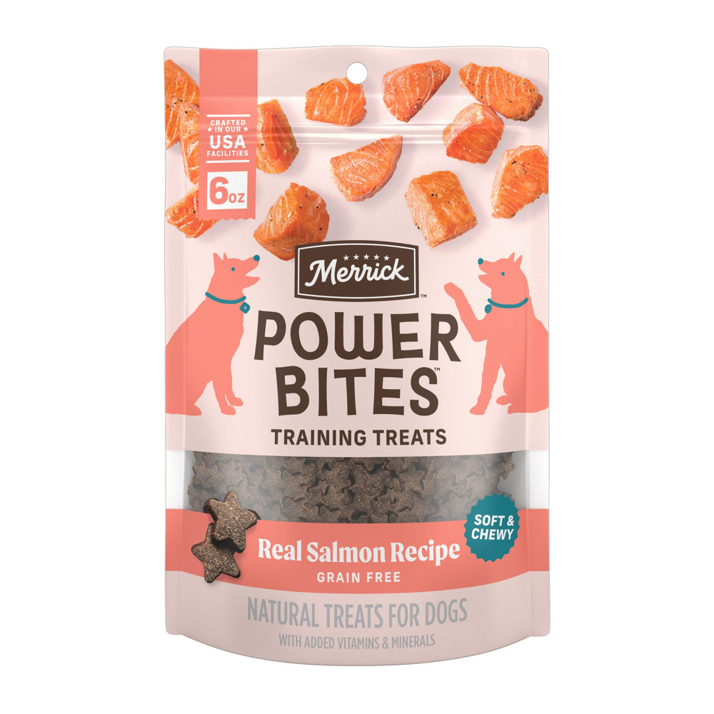 Merrick Power Bites – saumon premier ingrédient, friandise protéinée et savoureuse.