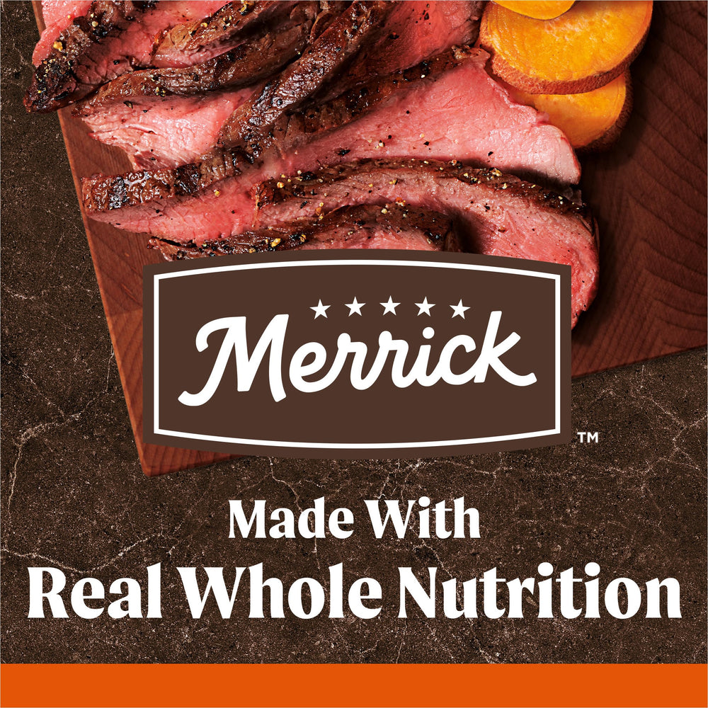 Merrick protéines élevées, bœuf réel, pour une vitalité et un confort quotidien.