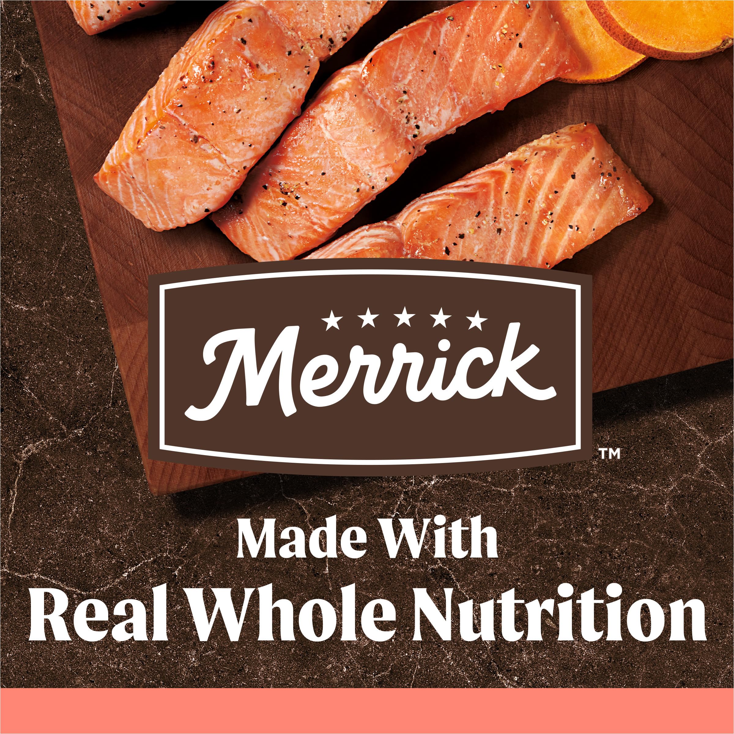 Merrick – premier ingrédient saumon, croquettes riches en protéines pour chien actif.