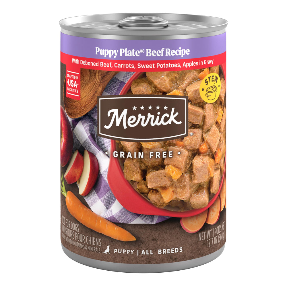 Merrick Puppy Plate avec boeuf désossé, appétence et texture riche pour chiots