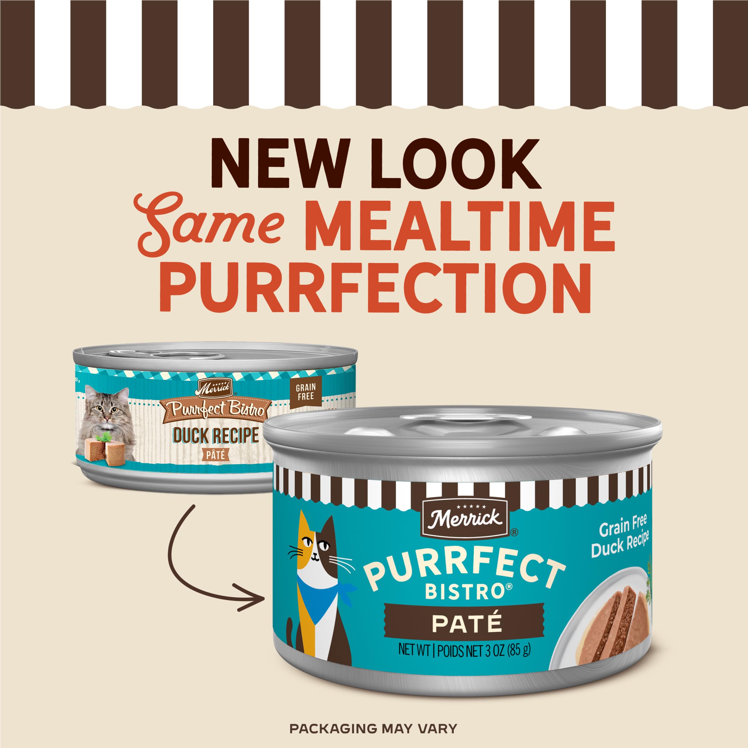 Merrick Purrfect Bistro canard, ingrédients premium visibles dans une pâté humide et nourrissante.