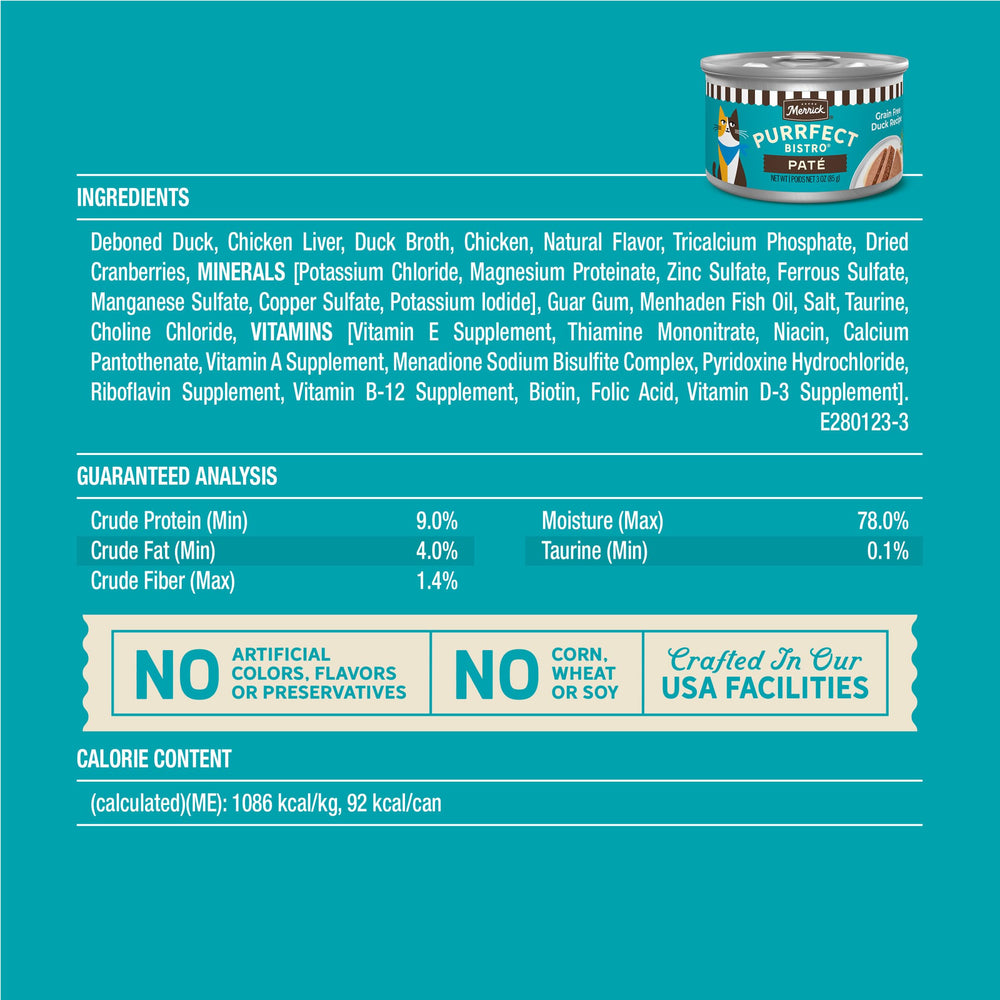Merrick Purrfect Bistro pâté canard, parfait pour chats intérieurs et extérieurs.