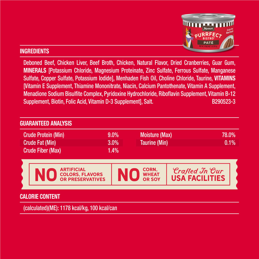 Merrick Purrfect Bistro pate boeuf exquise – saveur riche pour gourmets félins.