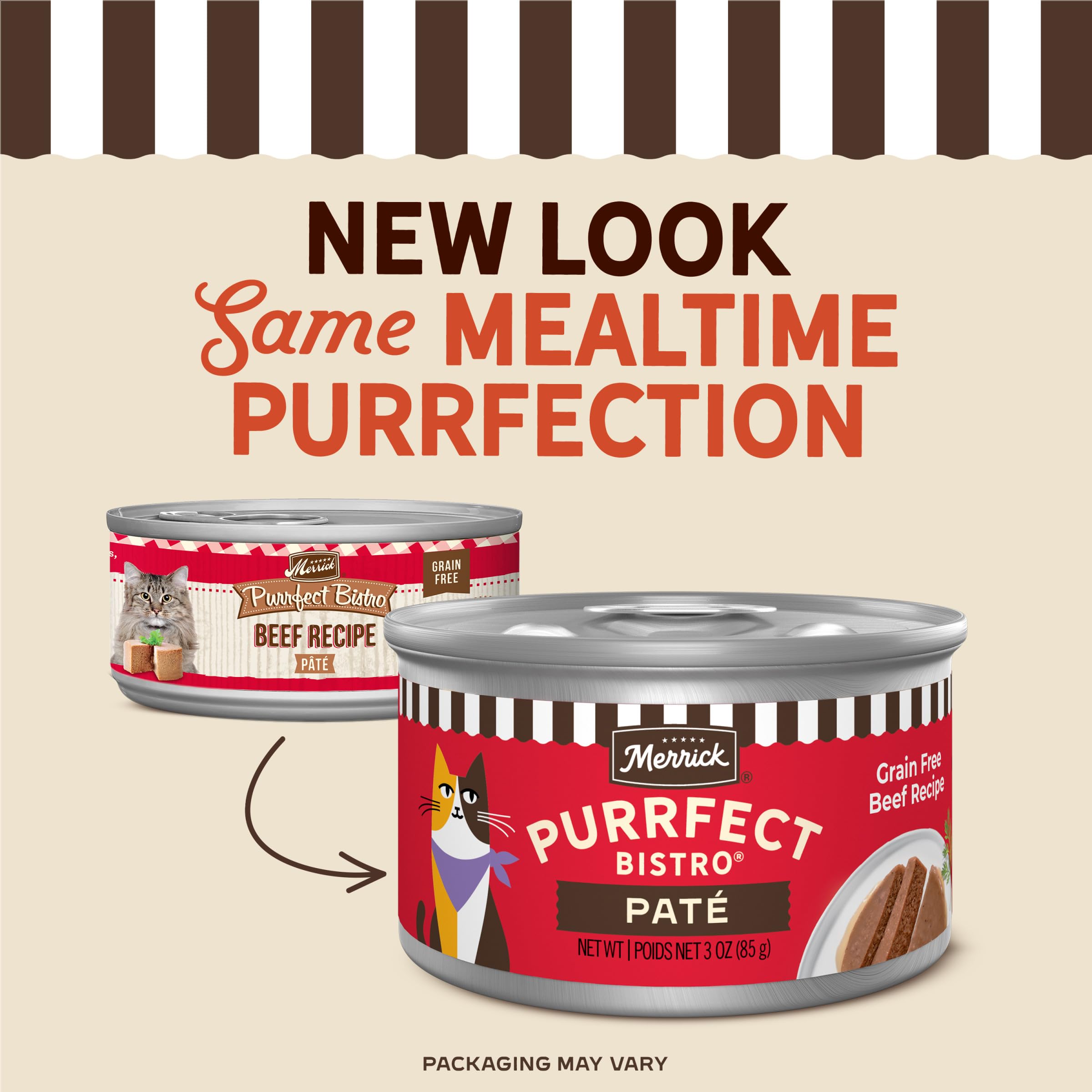Merrick Purrfect Bistro pâté boeuf protéines élevées – soutien des muscles des chats actifs.