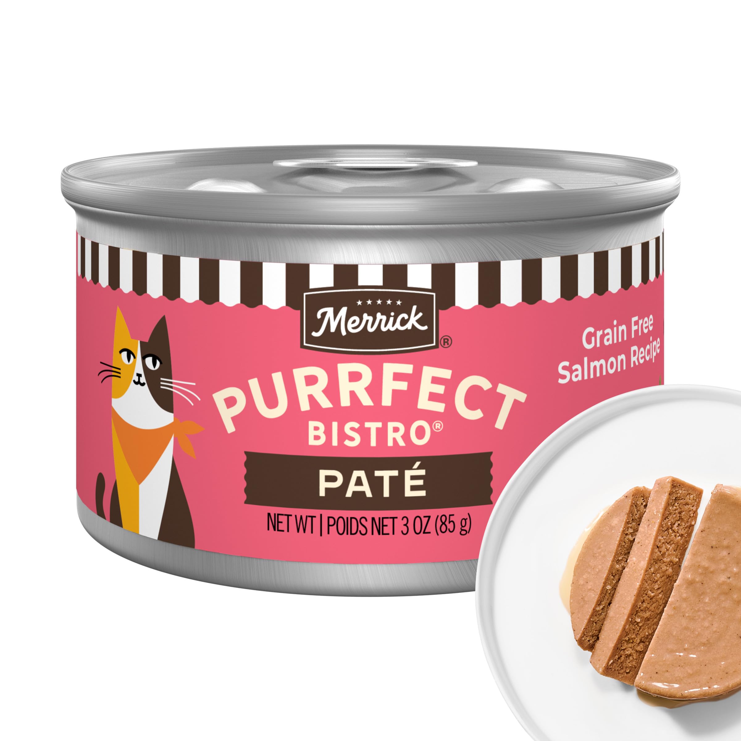 Merrick Purrfect Bistro: pate saumon sans cereales – texture lisse et appétissante pour chat.