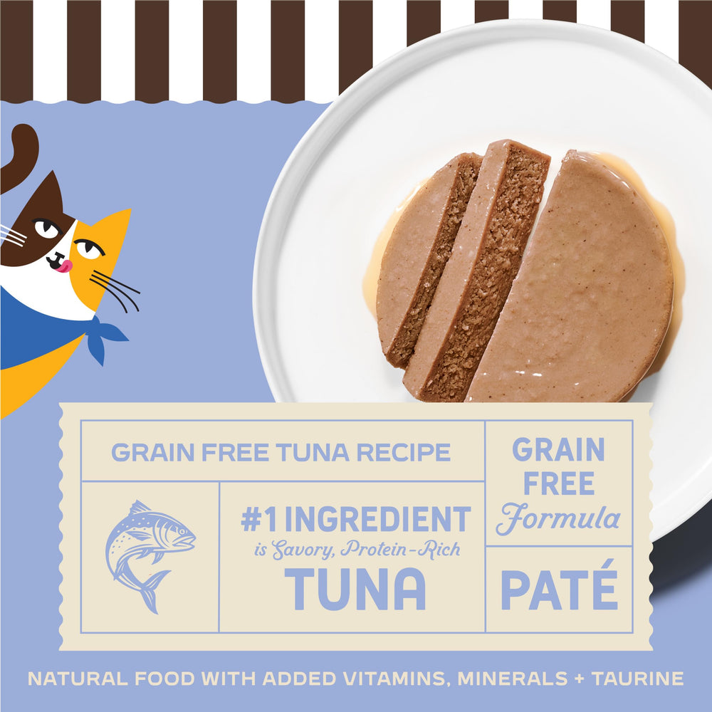 Merrick Purrfect Bistro Pâté au thon, texture lisse appréciée par les chats exigeants.