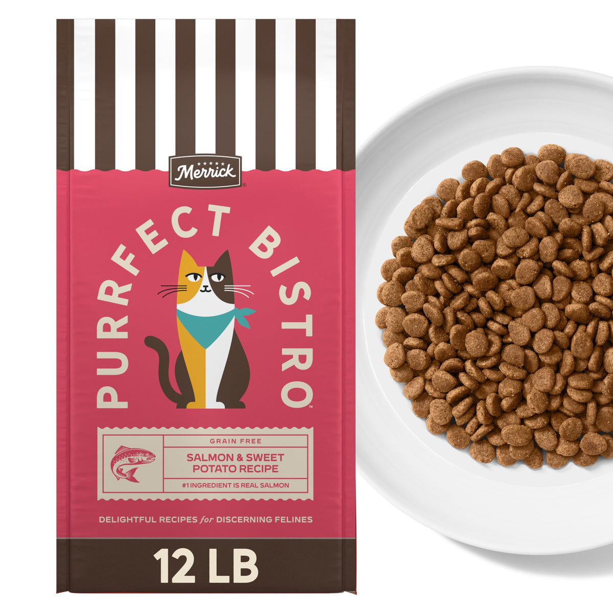 Merrick Purrfect Bistro saumon-patate-douce sac : protéine élevée pour chats adultes actifs.