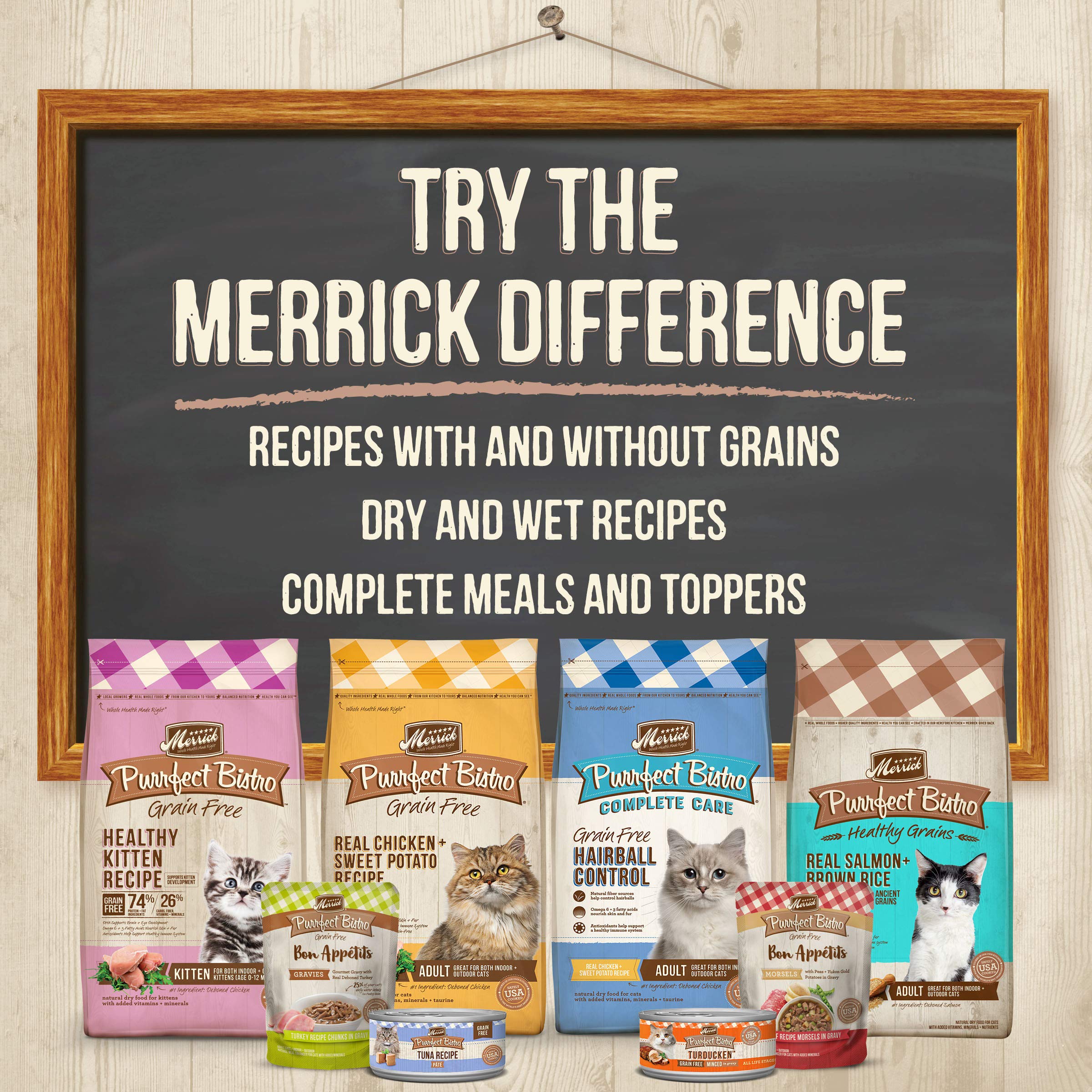 Merrick Purrfect Bistro taurine-yeux-coeur : nutriments essentiels pour yeux et cœur.