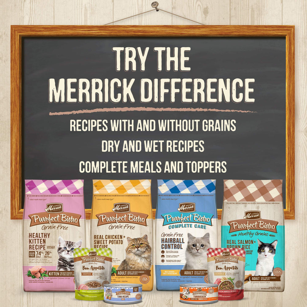 Merrick Purrfect Bistro taurine-yeux-coeur : nutriments essentiels pour yeux et cœur.