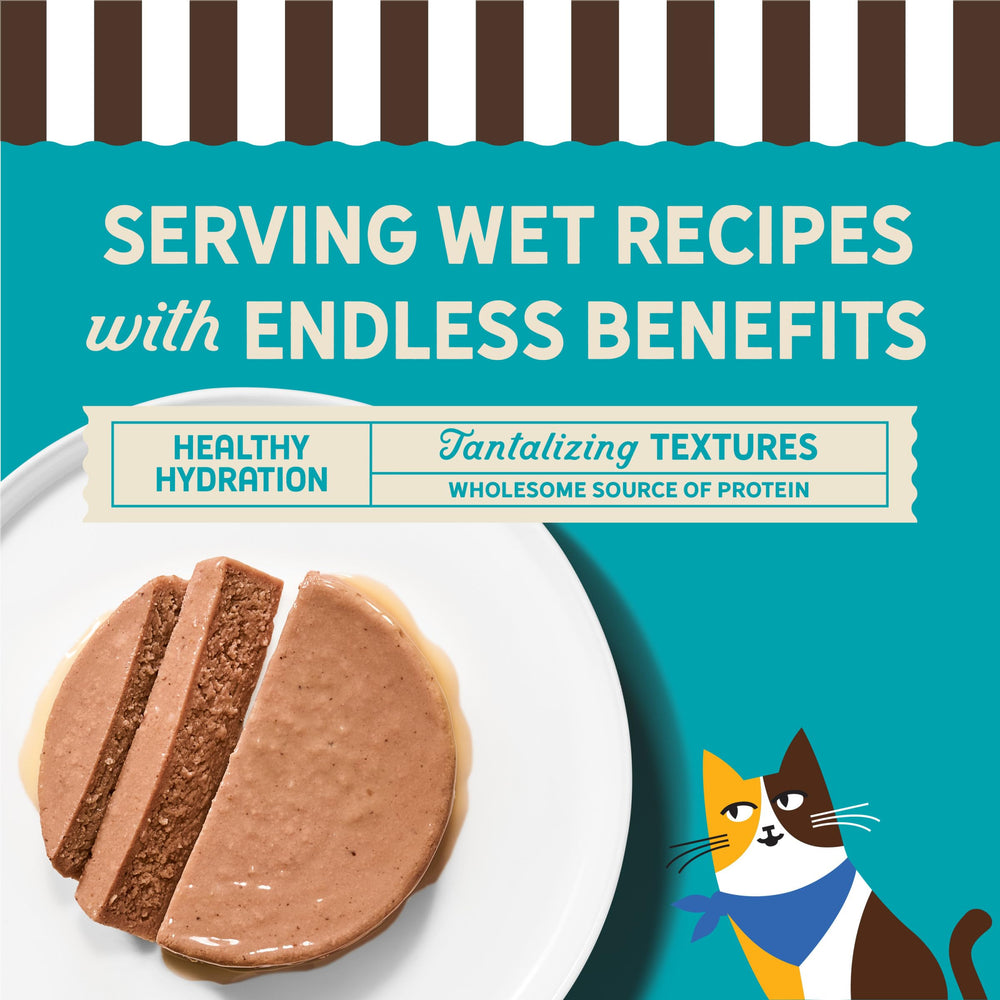 Merrick Purrfect Bistro pâté canard, vitamines et minéraux ajoutés pour l'équilibre nutritionnel.