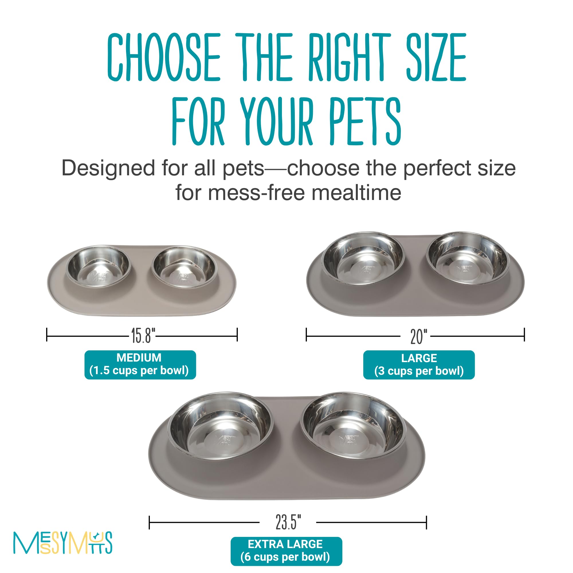 Messy Mutts bols inox amovibles – nettoyage facilité et transport pratique.