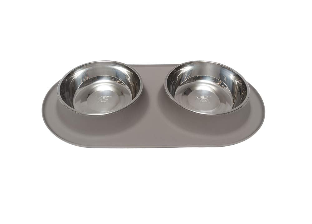 Messy Mutts dinette double silicone bols inox – repas propres et faciles à servir.