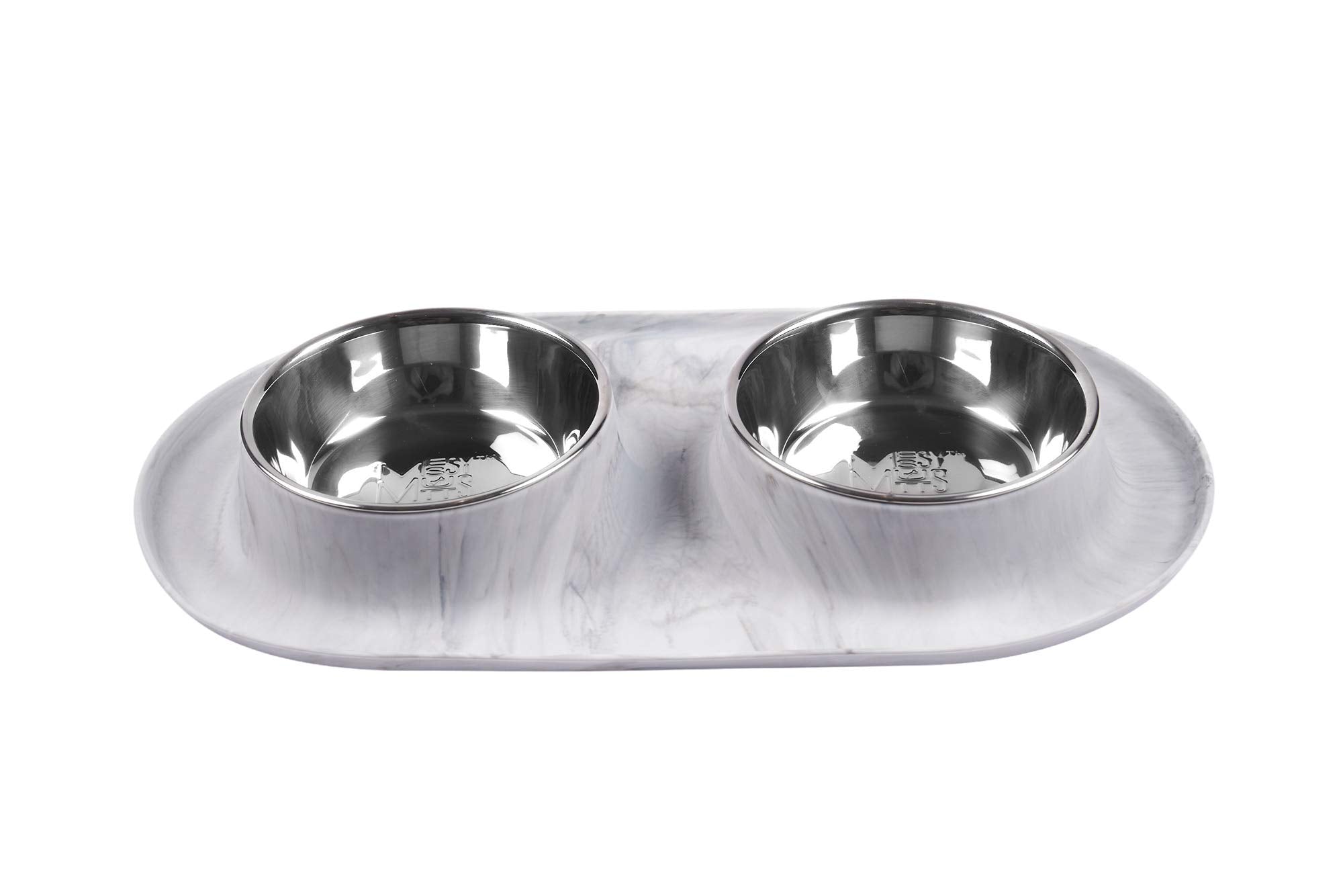 Messy Mutts distributeur double en silicone marbre avec bols inox amovibles, repas propres.