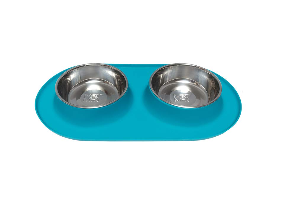 Messy Mutts – distributeur double en silicone et bols inox bleus pour repas propres.