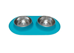 Messy Mutts – distributeur double en silicone et bols inox bleus pour repas propres.