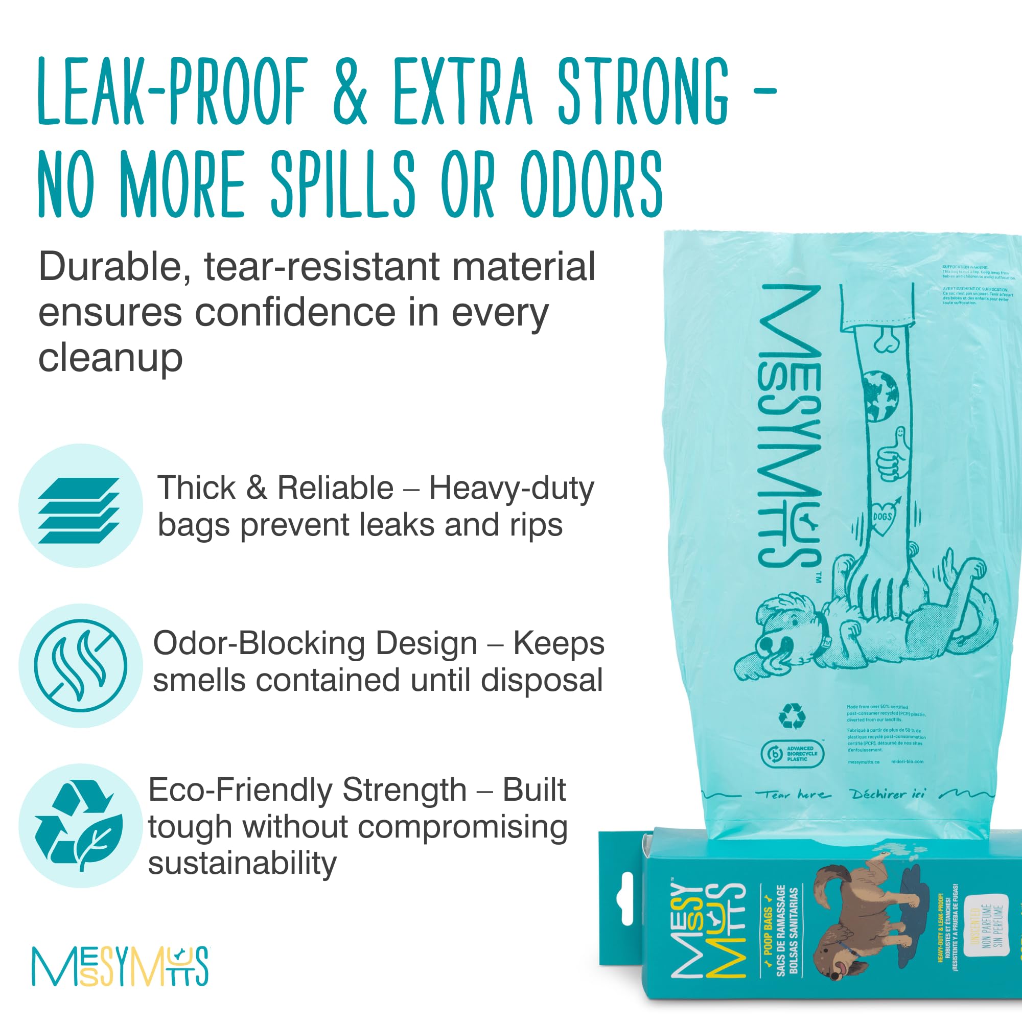 Sacs durables et épais Messy Mutts pour un ramassage propre.