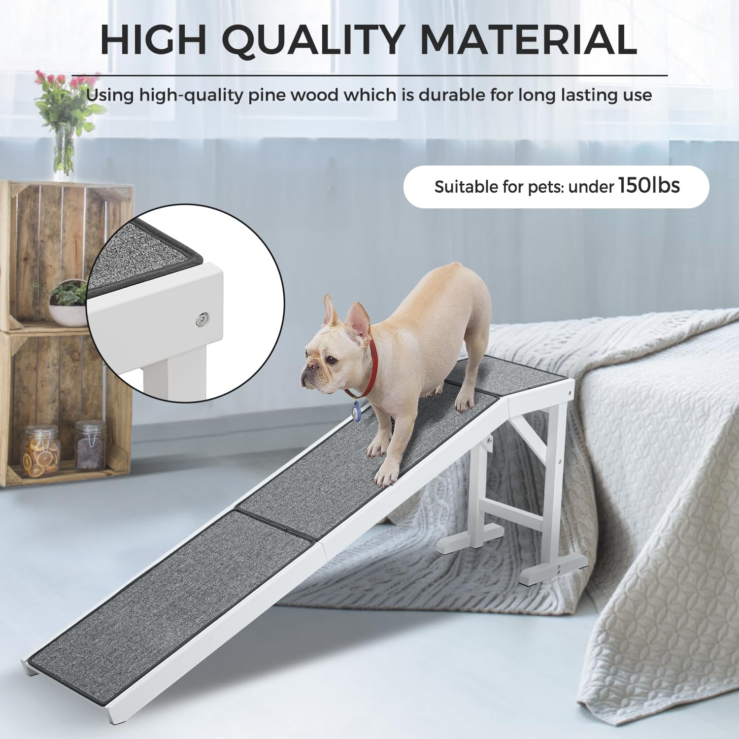 Exemple d’utilisation: chien monte sur lit avec la rampe MEWANG.
