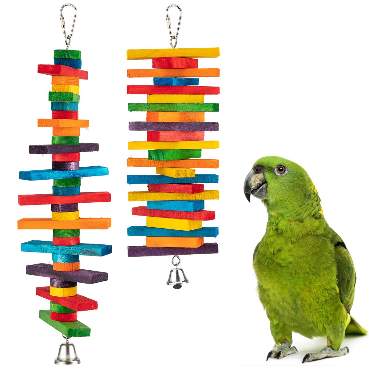 MEWTOGO blocs bois naturels colorés pour oiseaux, stimulation visuelle et jeu durable.