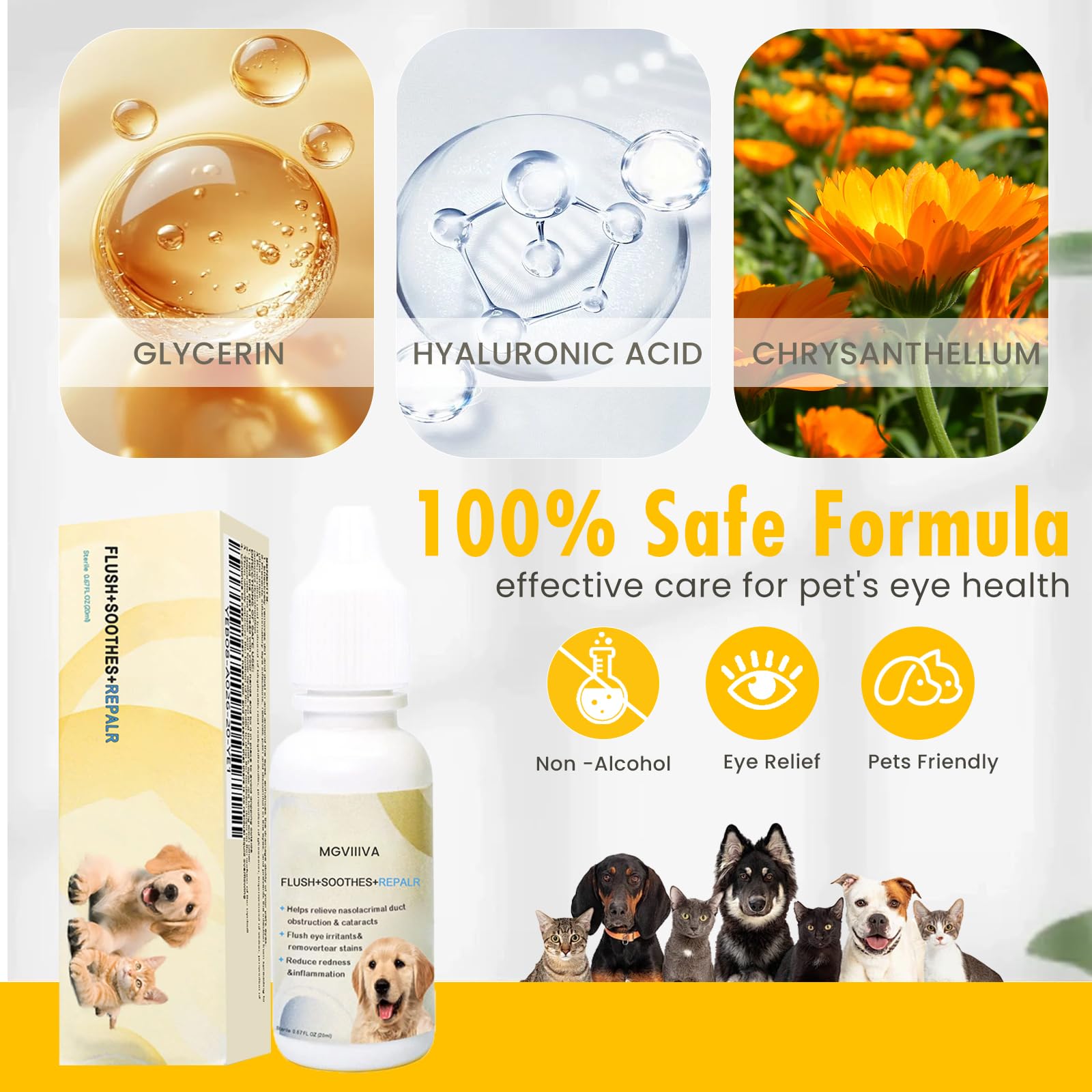 Emballage Mgviiiva gouttes yeux 20 ml, rangement et utilisation pratique.
