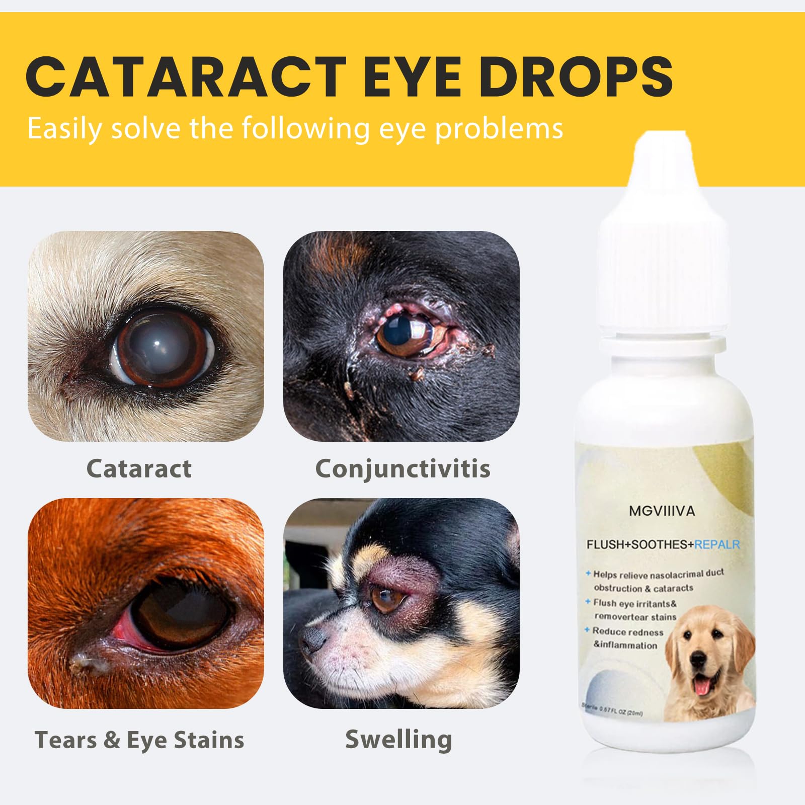Gouttes oculaires Mgviiiva pour chat, flacon 20 ml pratique.