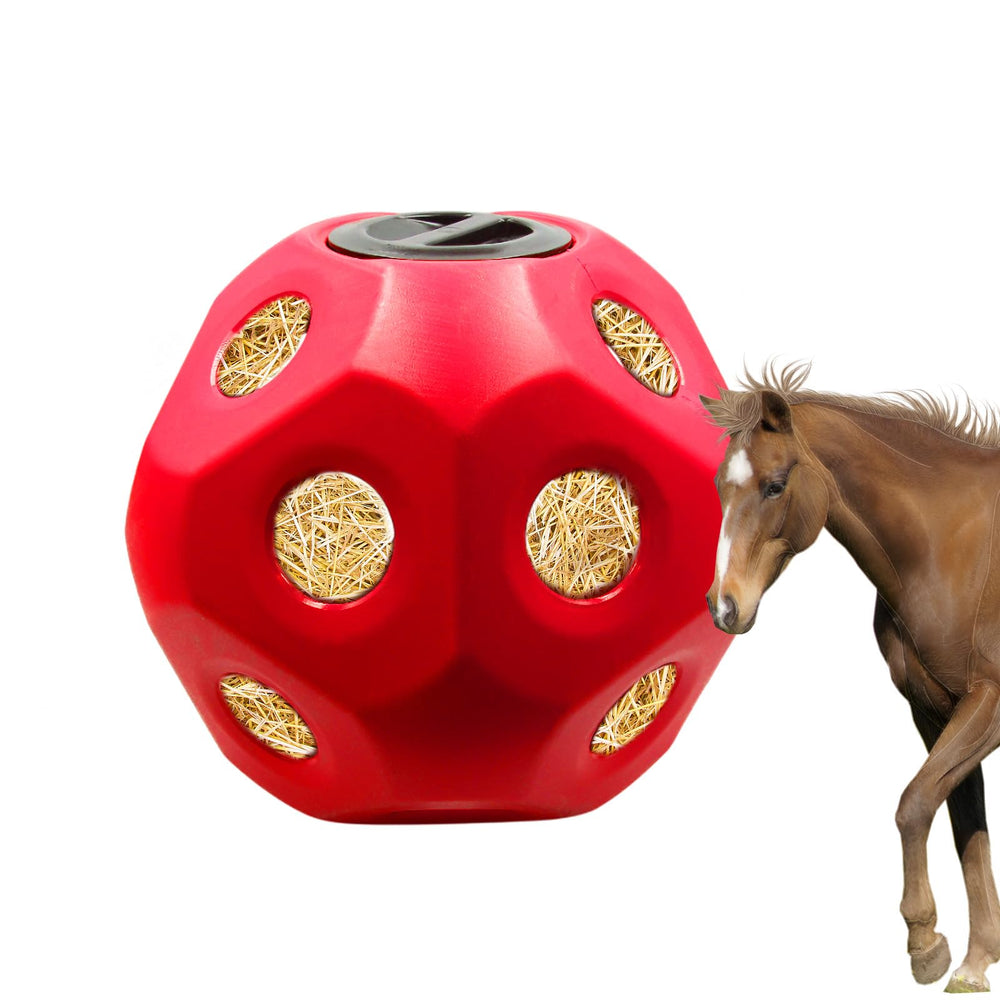 MHLLGN distributeur de foin pour chevaux avec boule rouge, pratique en écurie ou en aire de pâture.