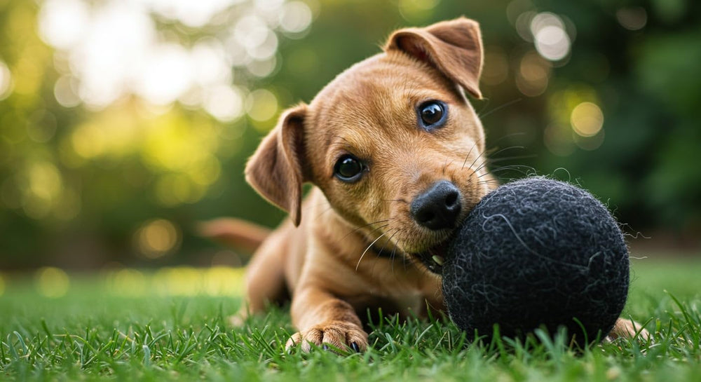 Jouet balle laine Miao et Woof, parfait pour l'exercice quotidien des chiens.