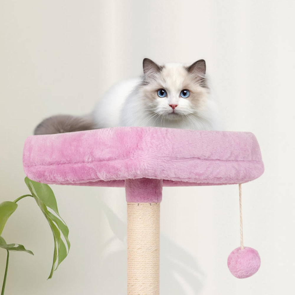 MIAO PAW arbre à chat rose, boule suspendue pour distraction ludique.