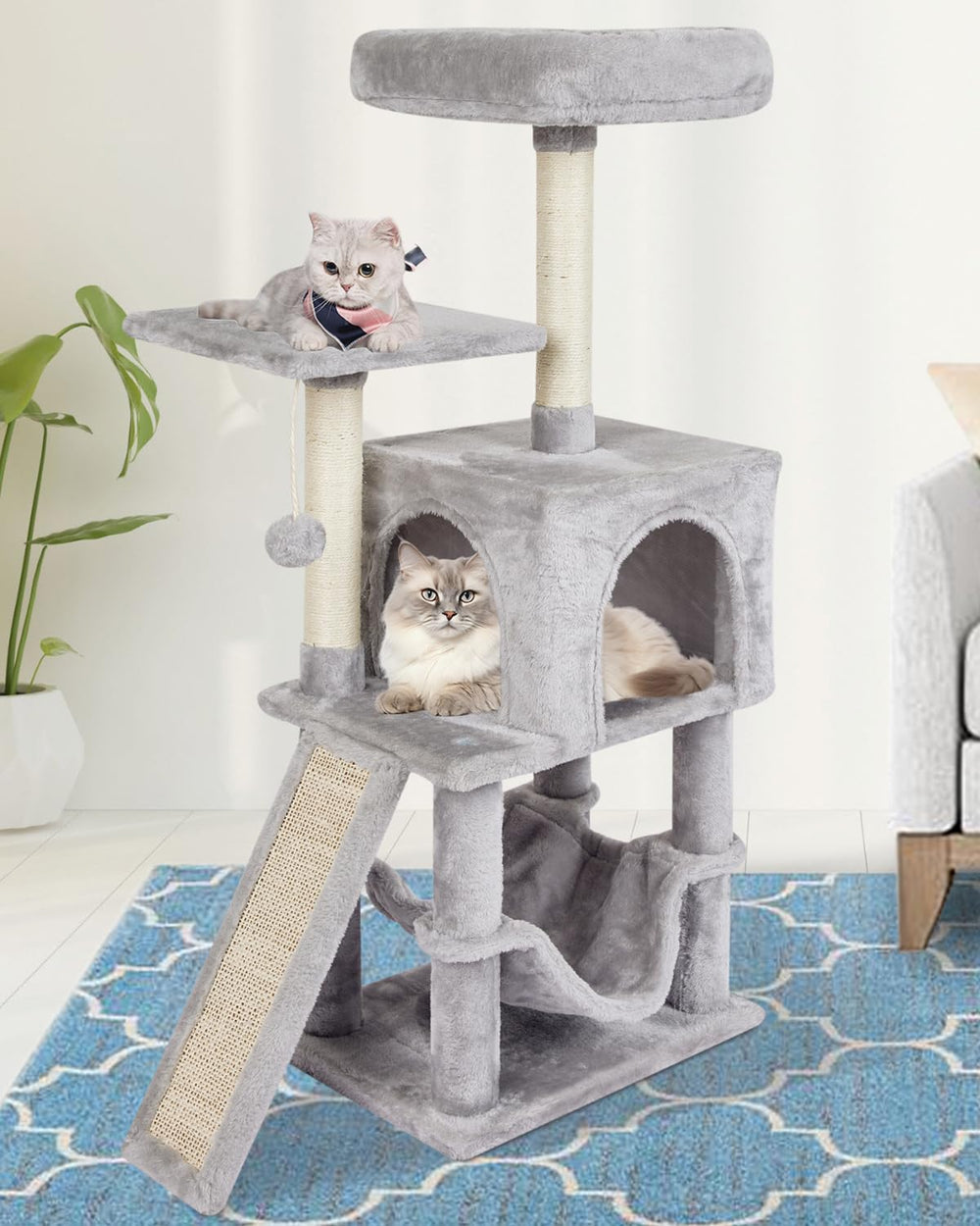MIAO PAW Arbre chat gris—vue d’ensemble, espace divertissant pour chat d’intérieur.