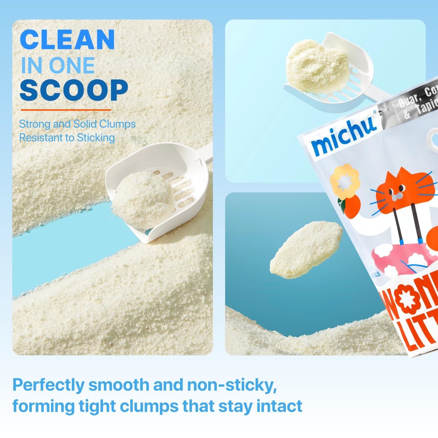 Michu Wonder Cat Litter: ingrédients naturels et gomme de guar pour une base sûre.