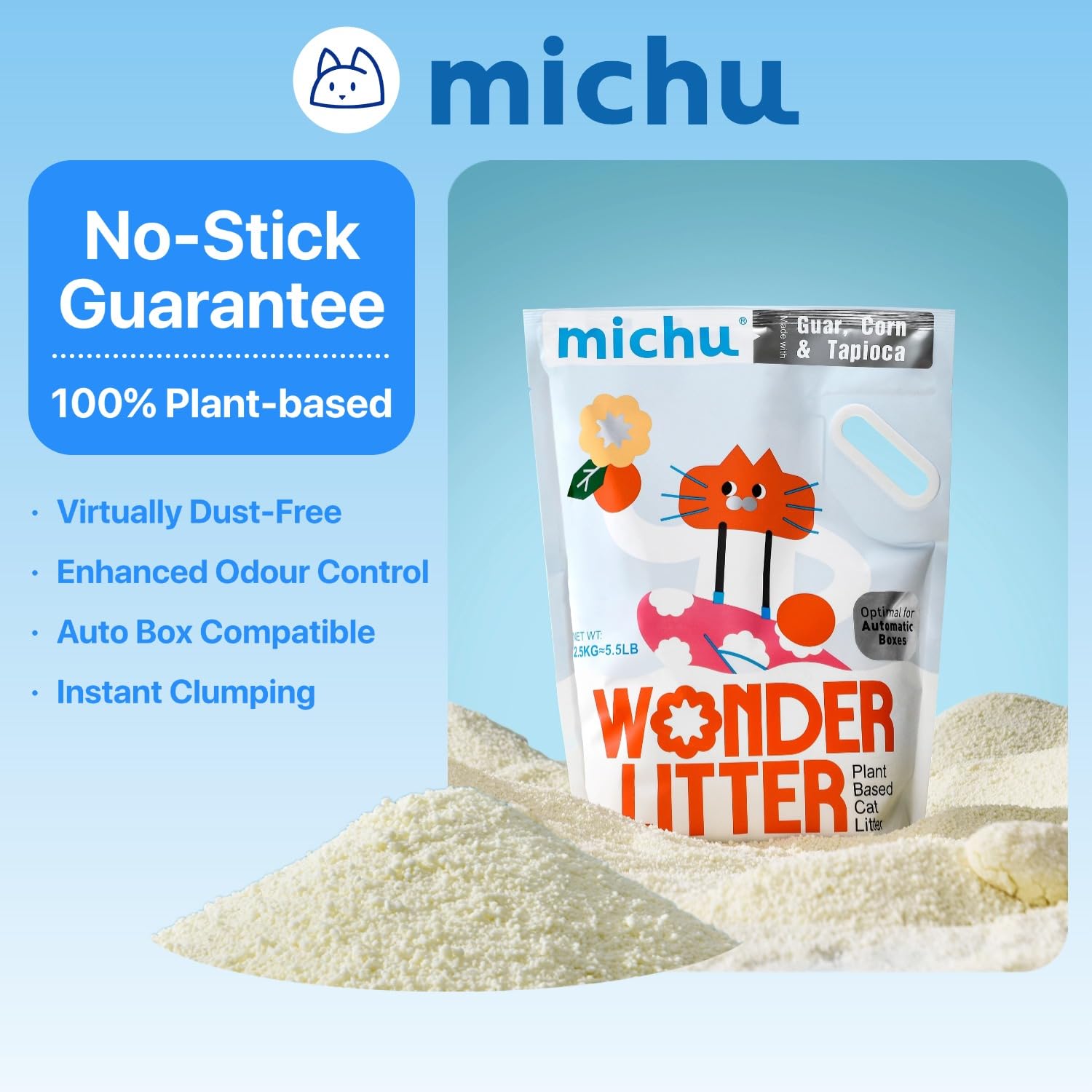 Michu Wonder Cat Litter: contrôle des odeurs et faible poussière pour usage quotidien.