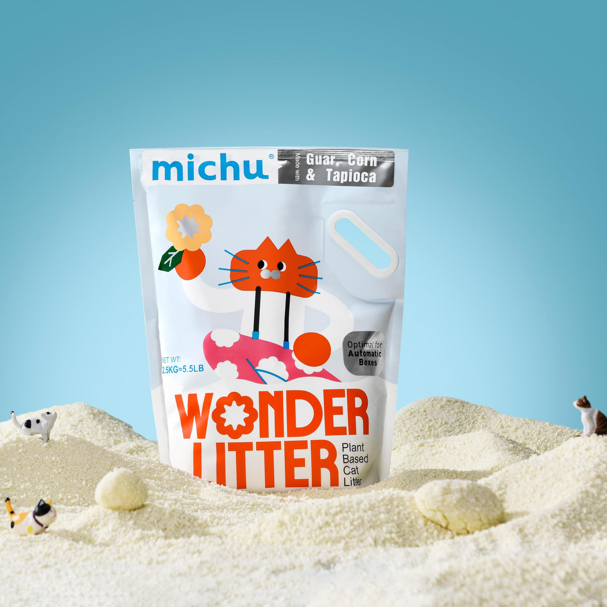 Michu Wonder Cat Litter: granulats fins, facile nettoyage et compatibilité avec bac automatique.