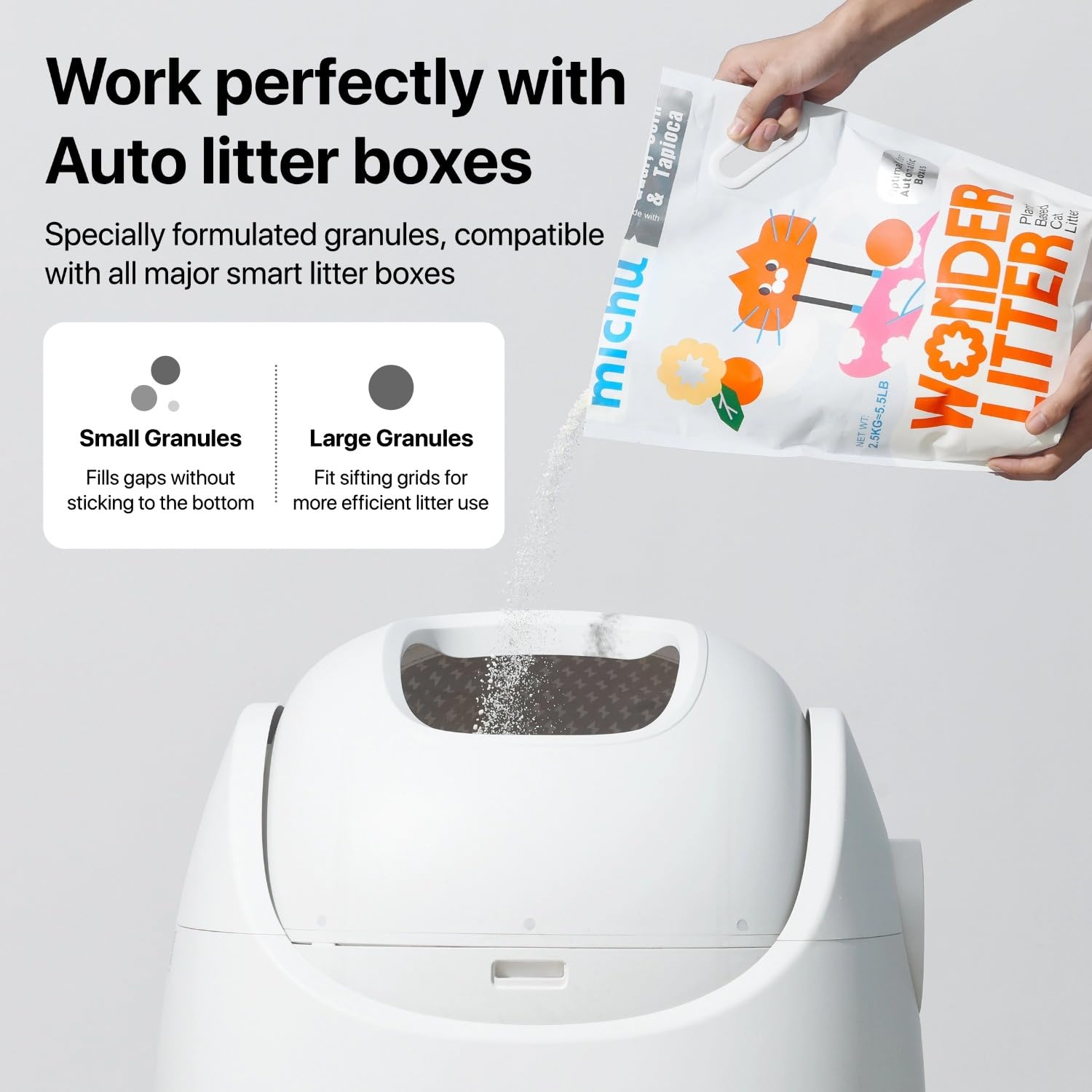 Michu Wonder Cat Litter: formulation écologique et biodégradable pour l’environnement.