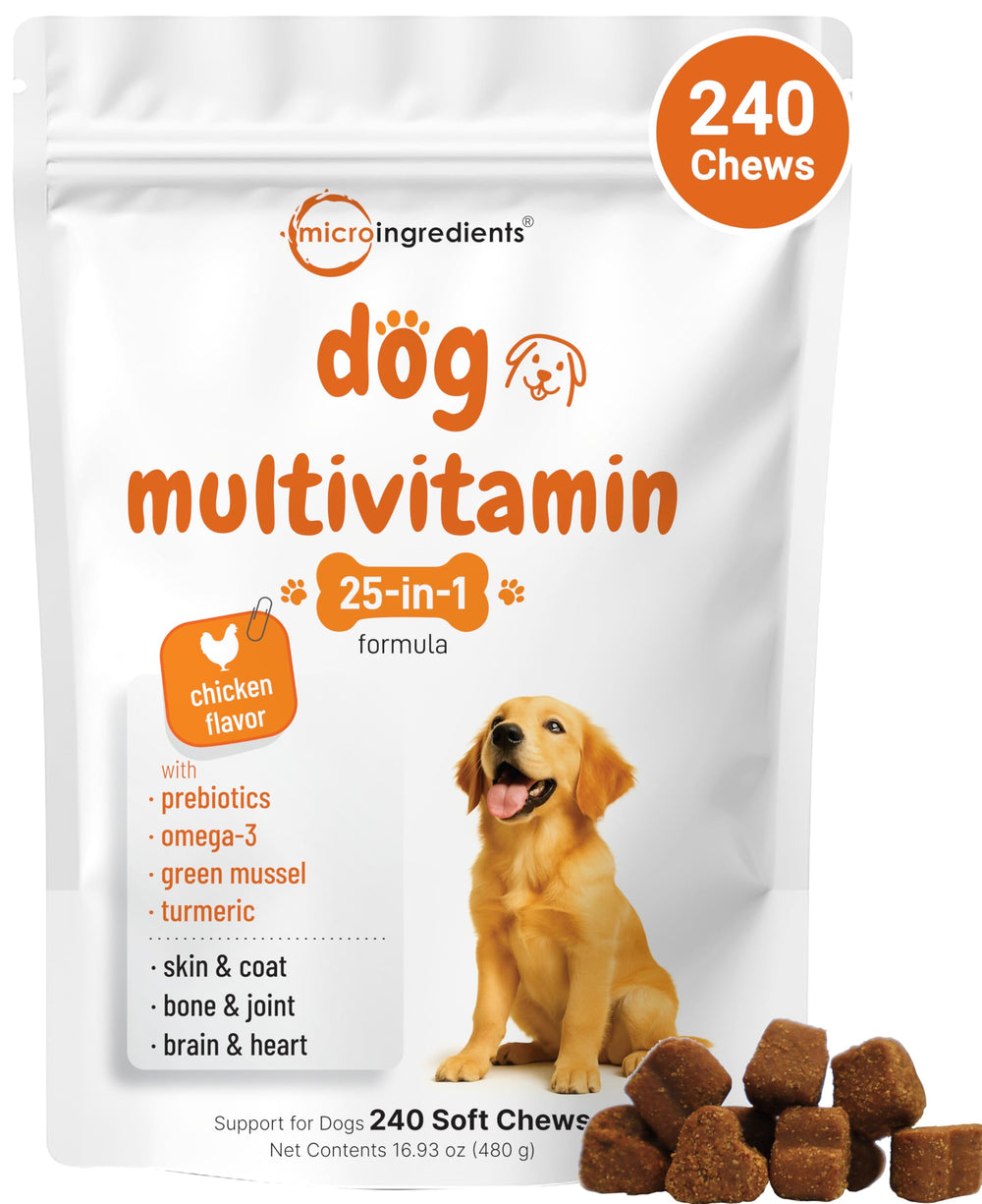 Micro Ingredients 25-en-1 pour chien; friandises souples au poulet promouvant une routine nutritionnelle.