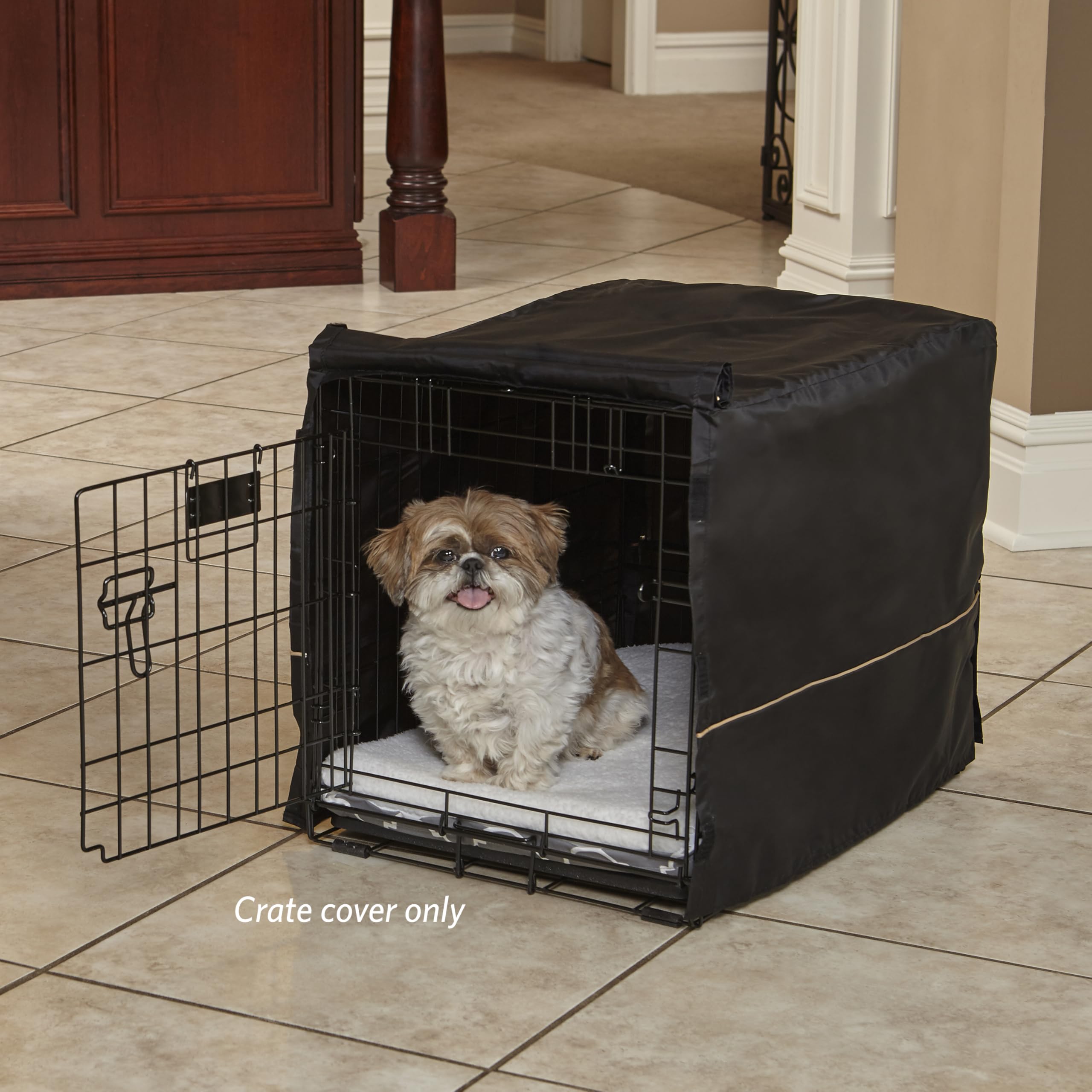 MidWest Crate Cover noir 24 pouces – porte ouverte, ventilation et confort ajustables.