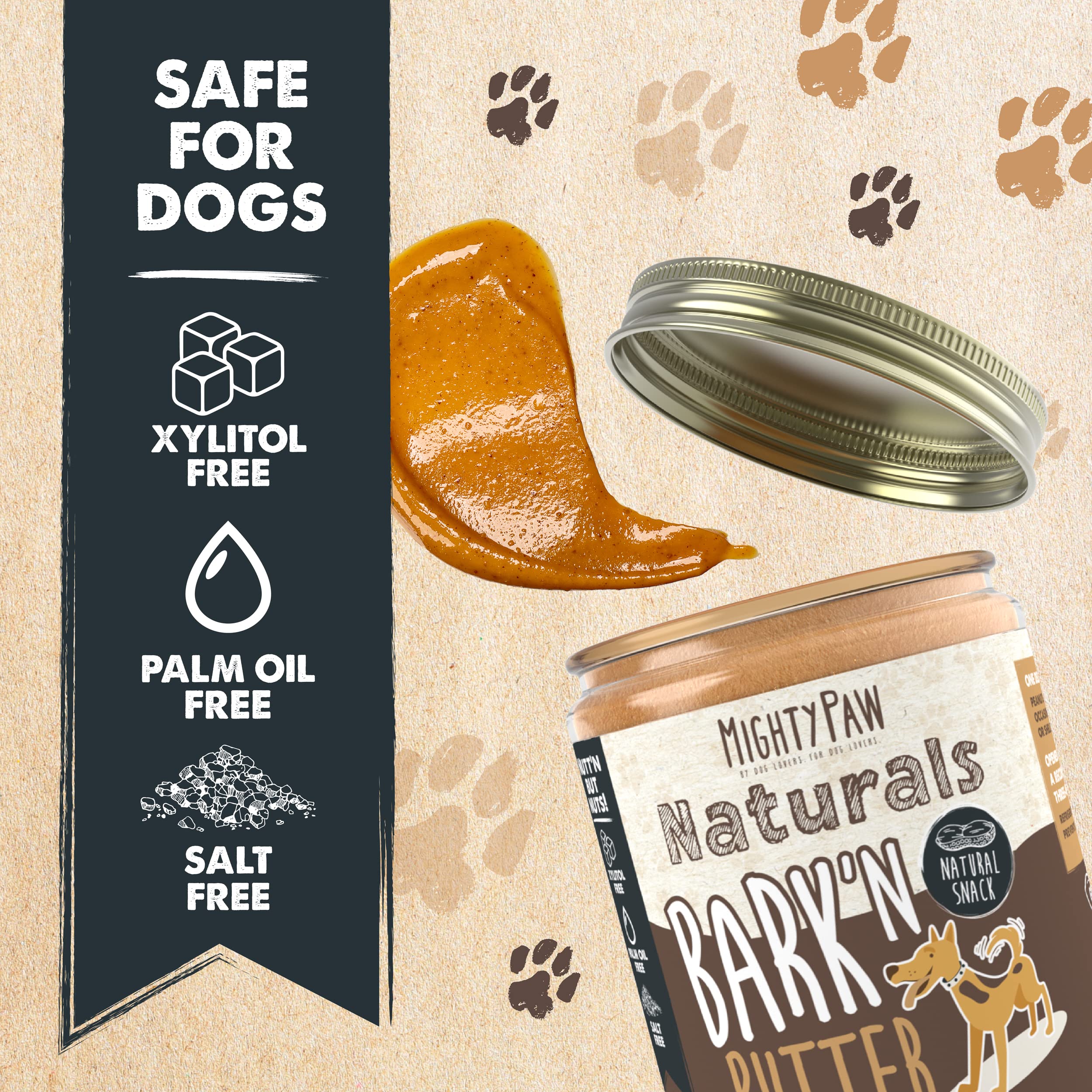 Mighty Paw Bark'n Butter : bocal ouvert révélant la texture lisse et appétissante