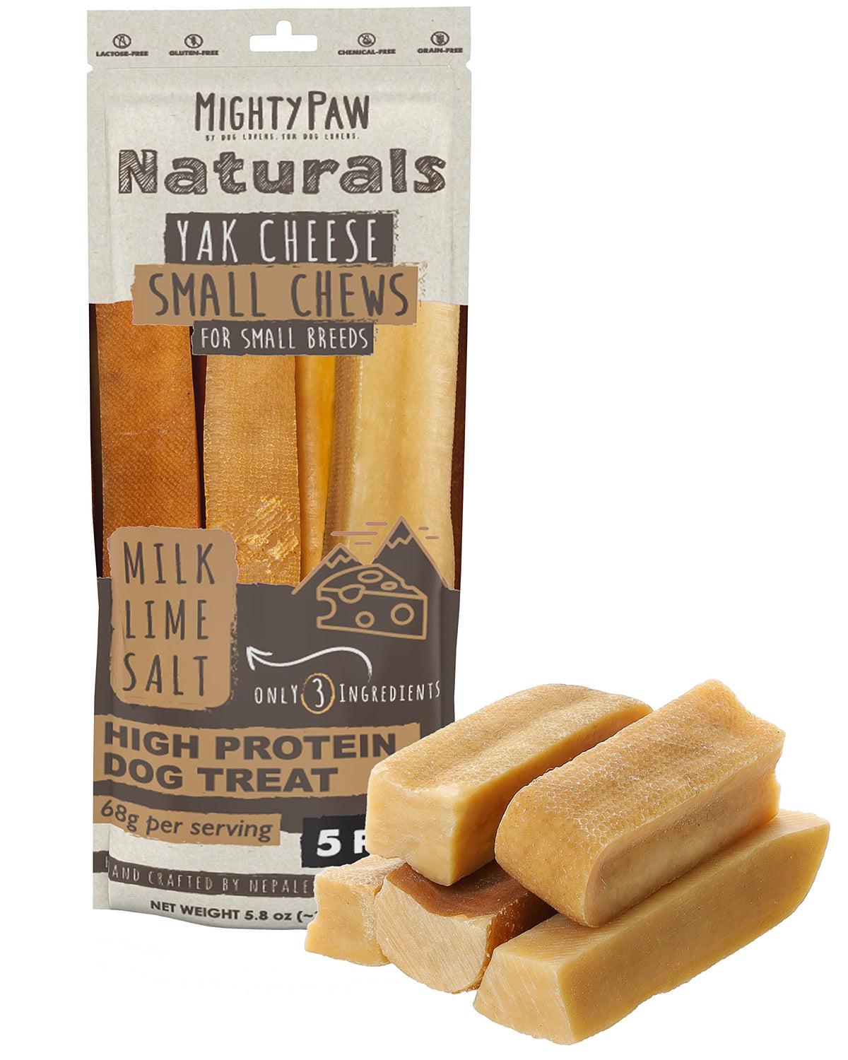 Mighty Paw batons-fromage-yak dans emballage pratique pour sorties et déplacements