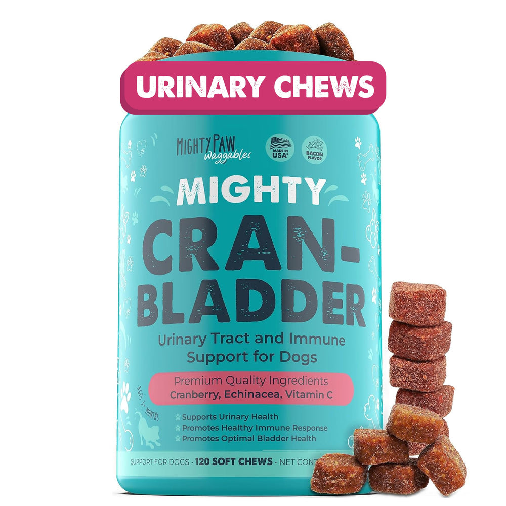 Friandises Mighty Paw Cran-Bladder dans une bouteille, soutien urinaire pour chiens.